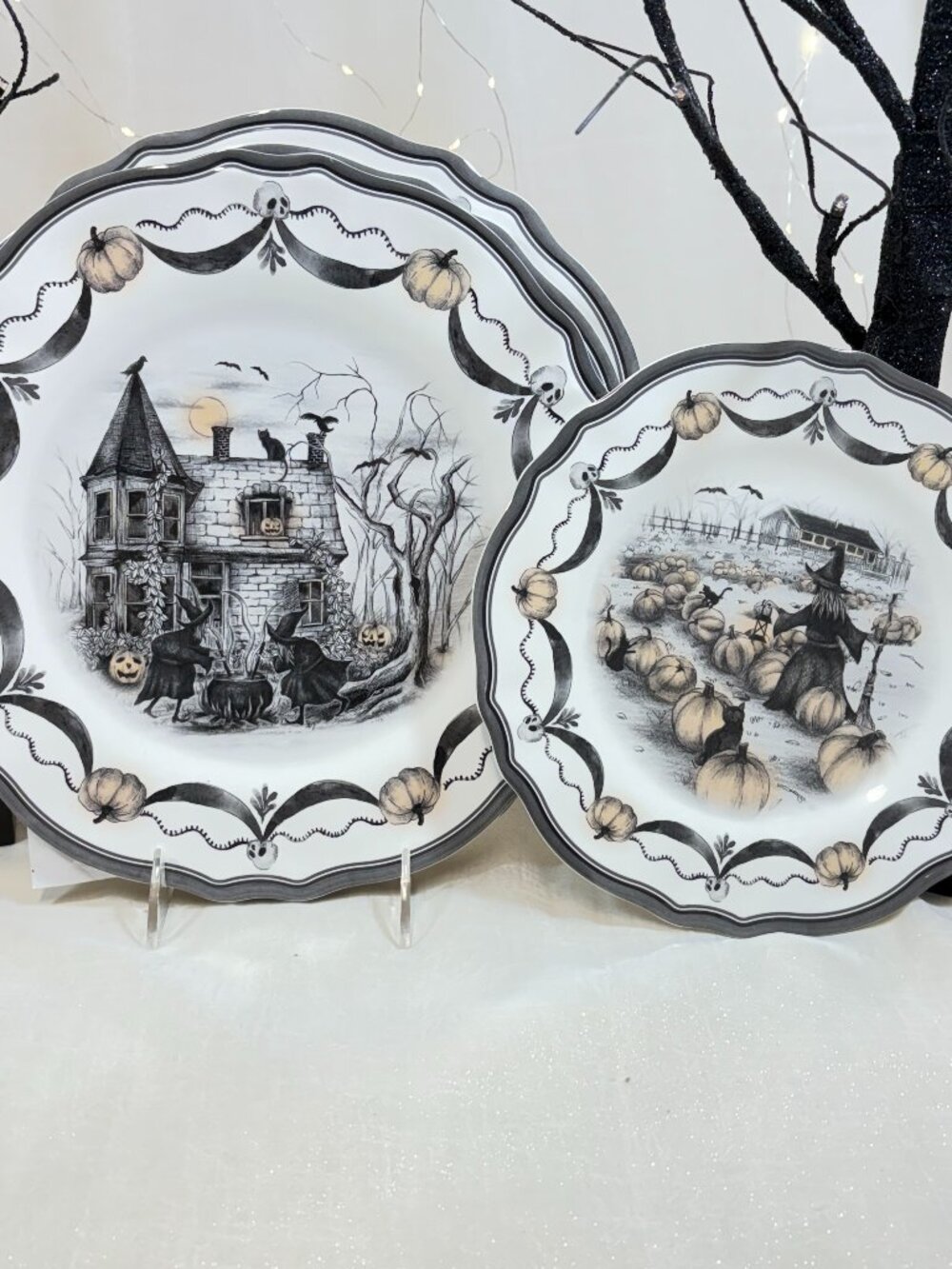 Halloween Melamine Witch Coven Black Cat Dinner & Salad Plates 8 PC Dinnerware
